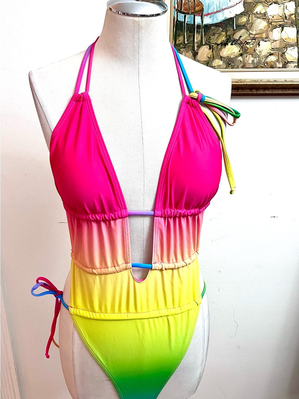 Women's Ombre Halter One-Piece Swimsuit - Pink to Green
